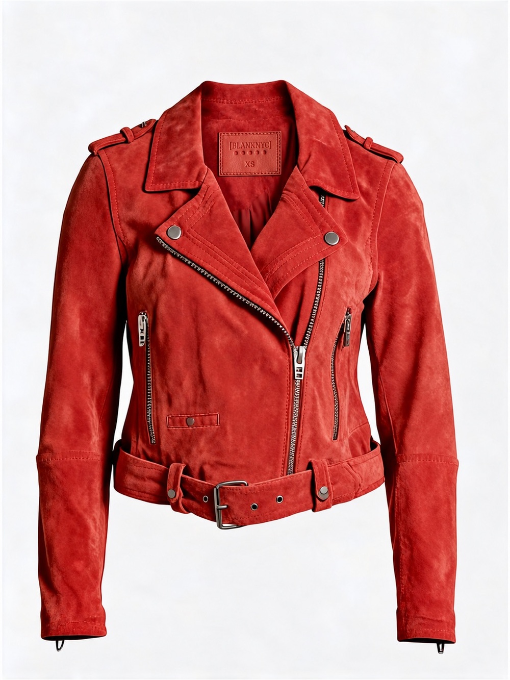 NWT BLANKNYC Women's Suede Moto Jacket Size XS Rust Terracotta Belted Leather